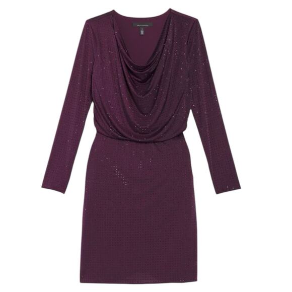 WHBM Dress NWT Women's Size LP Cowl Neck Long Sleeve Plum Noir Elastic Waist - Picture 2 of 9